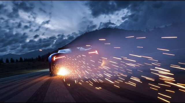low angle mountain night, electric blue hypercar drifting hairpin, glowing brake rotors, sparks tyre smoke swirling, dynamic shutter drag, thundercloud sky 91_51 1 1 (2)_4K_10s