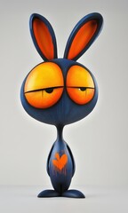 A charming cartoon bunny stands with exaggerated features showcasing vibrant orange eyes and a heart on its chest