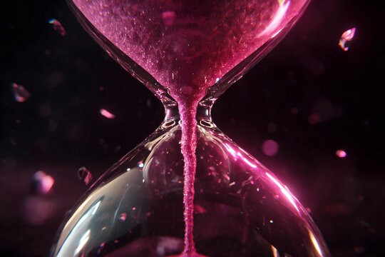 Hourglass with glittery pink sand flowing smoothly.
