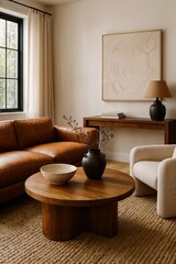 Modern living room with brown leather sofa and neutral earth tone palette