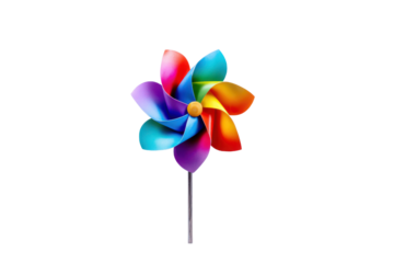 Colorful pinwheel toy with rainbow petals and wooden center on a black background image, Isolated On Png Transparent Background