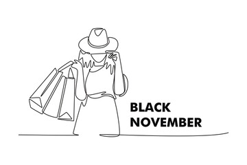 Black November concept. Single line draw design. Vector graphic illustration
