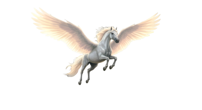 Majestic Pegasus Illustration In Flight With White Wings Against Isolated Background