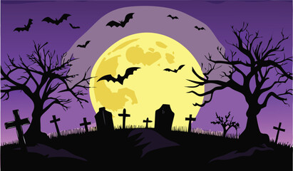 A spooky Halloween night illustration features a dark vector silhouette of a haunted house and scary trees against a moonlit sky, with bats flying over a graveyard