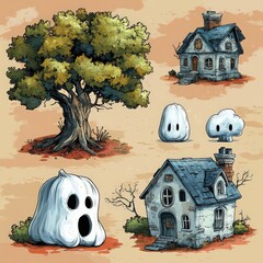 A delightful collection of Halloween themed vector elements showcases cute ghosts whimsical pumpkins and enchanting haunted houses against a warm autumn backdrop