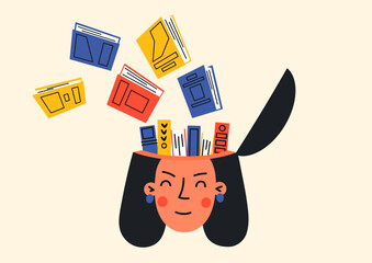 Woman with books in her head. Author, reader, or writter. Education, literature; learning, studying concept.