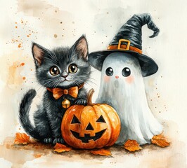 In an enchanting autumn landscape a cute black cat with big eyes sits beside a friendly ghost wearing a witch hat. A carved pumpkin adds a festive touch to the joyful Halloween atmosphere