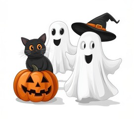 Two adorable ghosts filled with joy stand beside a mischievous black cat perched on a carved pumpkin