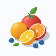 Vibrant still life illustration featuring a colorful arrangement of fruits and berries