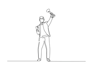 Successful businessman holding trophy cup in single outline illustration. Continuous line art drawing of businessman holds trophy.