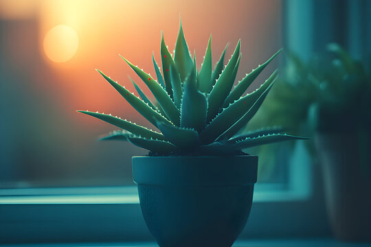 A succulent plant in a gray pot sits on a windowsill, backlit by a sunset.