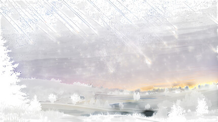 A peaceful rural landscape with a meteor shower lighting up the starry night sky