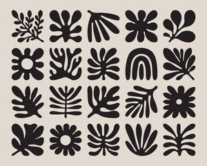 Retro 70s groovy tile grid with abstract botanical blobs and rainbow shapes in black on beige. Bold organic vector pattern for posters, branding, packaging and textile.