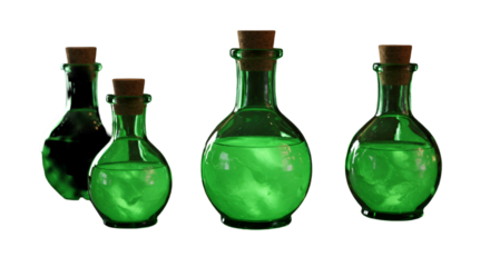 Realistic Green Potion Bottles With Corks Isolated on Transparent Background