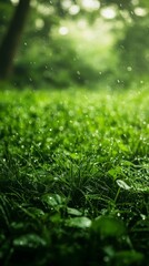 Fototapeta premium Rain Falling on Green Grass in Forest Setting