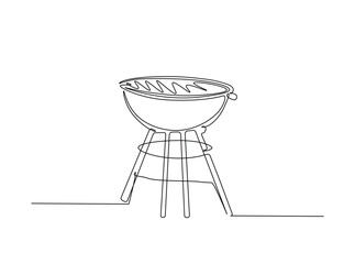Barbecue grill equipment in single outline illustration. Continuous line art drawing of bbq grill.
