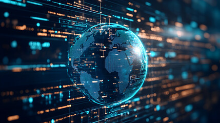 A translucent, digital globe superimposed on a background of blue and orange digital code.