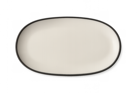 Minimalist oval ceramic platter featuring sleek black rim, highlighting gourmet dishes against clean white surface