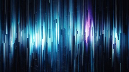 Dark background- vertical lines of light blue light with digital glitch effects- creating an abstract texture that resembles pixelated