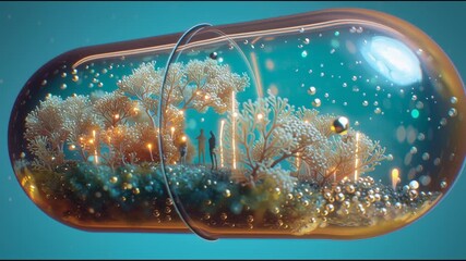 transparent softgel capsule macro suspended, interior micro underwater drum bass scene_ tiny coral stage, bioluminescent plankton lasers, miniature audience silhouettes divers, gentle particulate,