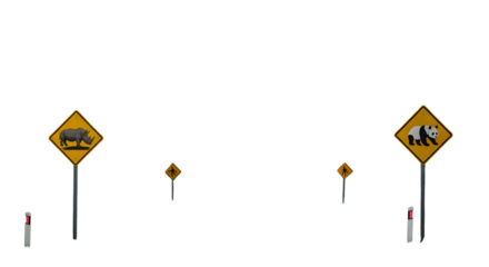 Pixelated Warning Signs Of Rhino And Panda On Road Isolated Illustration