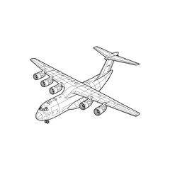 Black and white line drawing of a large cargo airplane with four engines aircraft cargo plane
