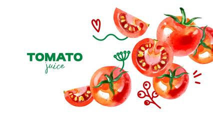 Watercolor tomatoes poster. Hand drawn vegetables design for juice label, recipe book, food blog. Vector illustration.