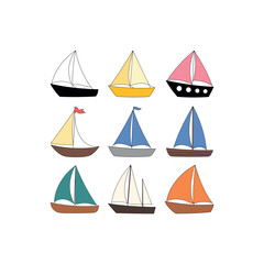 Nine colorful cartoon sailboats with white backgrounds sailing ocean