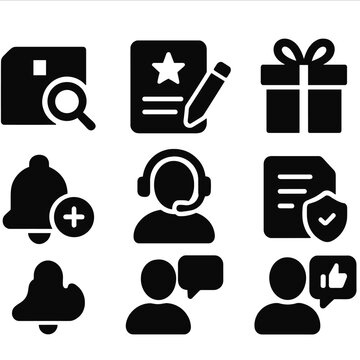 Post-Purchase Icons Collection. Solid style icons of post-purchase activities: track parcel, write review, reorder item, gift it,