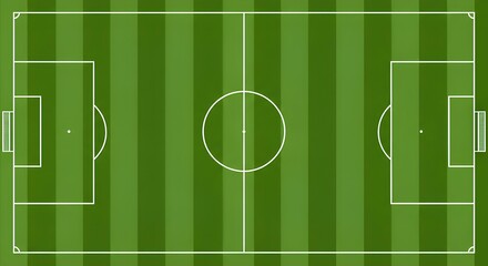 Top-down aerial view of a green striped soccer field. Illustration of a football pitch for sports strategy and game analysis.