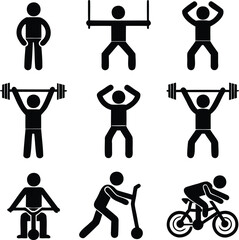 Black fitness and exercise icon set with stick figures lifting, cycling, stretching