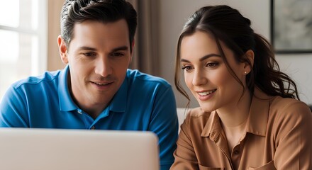 Happy young couple sitting together and using a laptop at home, focused on the screen while browsing or working remotely.