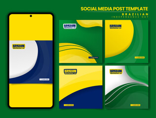 Brazil independence day. Set of carousel post in green yellow blue background with waving shapes
