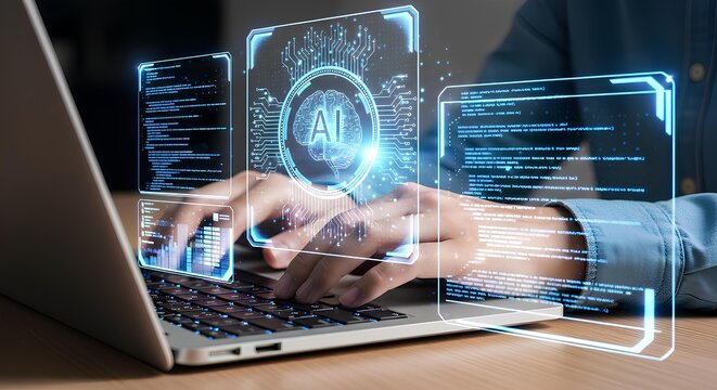 Programmer developing artificial intelligence software with a futuristic holographic interface showing machine learning code.
