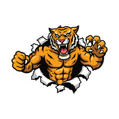 Obraz premium Fierce Tiger Mascot Bursting Through Wall