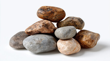 Pile of natural river stones with organic shapes, isolated on white for eco-friendly product mockups 