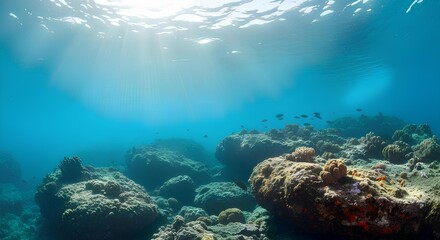 Fototapeta premium Sunlight streams through the ocean surface, illuminating a serene and rocky underwater seascape with small fish.