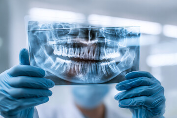 Doctor examines panoramic dental X-ray. For medicine, science, dentistry, health, diagnostic images.