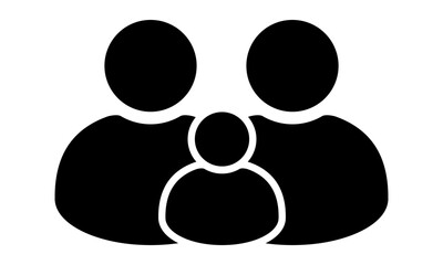 Black Family Icon. Minimalistic silhouette of two parents and one child. Simple flat design pictogram representing family, parenthood, and togetherness. Perfect for apps, UI, and infographics.