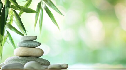A stack of stones and bamboo leaves on a wooden surface with a blurred green background.