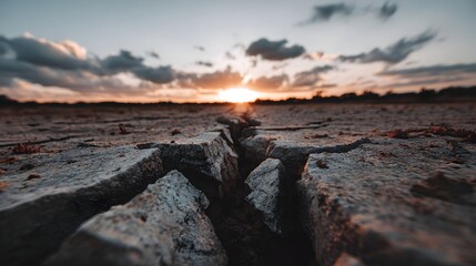 A cracked earth surface at sunset.