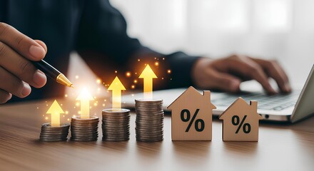Financial concept of property investment and increasing mortgage interest rates with growing coin stacks and house models.