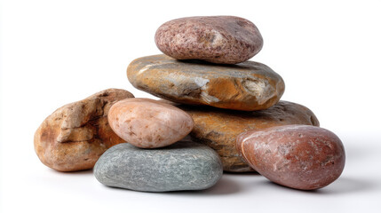 Pile of natural river stones with organic shapes, isolated on white for eco-friendly product mockups 