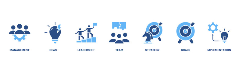 Business banner web icon vector illustration concept with icon of management, ideas, leadership, team, strategy, process, goals, and implementation