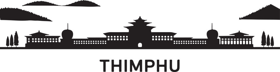 Thimphu Skyline Silhouette Bhutanese Capital City Vector Design on White Background