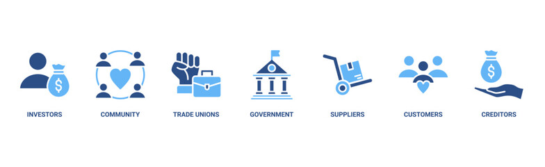 Stakeholder relationship banner web icon vector illustration concept for stakeholder, investor, government, and creditors with icon of community, trade unions, suppliers, and customers