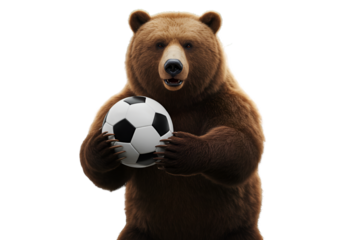 Realistic Brown Bear Holding Soccer Ball Isolated On Transparent Background
