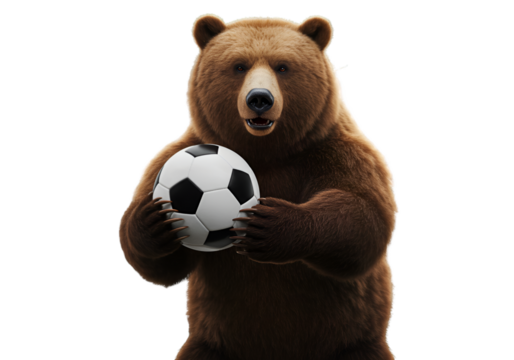 Realistic Brown Bear Holding Soccer Ball Isolated On Transparent Background
