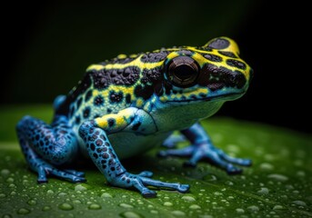 Obraz premium Macro poison dart frog on leaf dark background