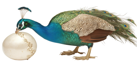 Majestic peacock carefully carrying a large ornate egg in its beak isolated on transparent background